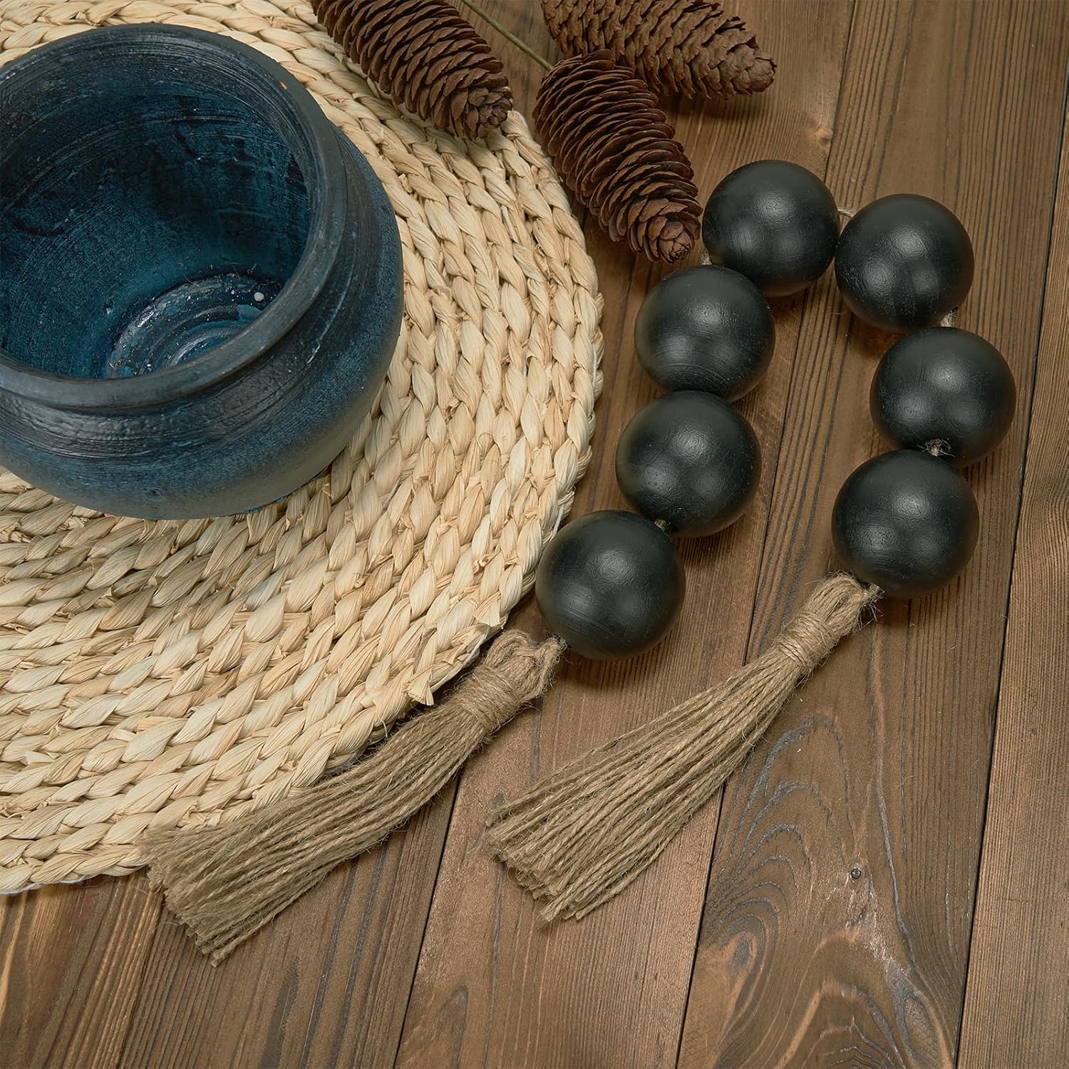 OMISHE Extra Large Wood Bead Garland with 2&#34; Diameter Wooden Beads, 25.5&#34; Long Rustic Farmhouse Decorative Wooden Beads Garland with Tassels, Boho Decorations for Home Table Mantle, Black