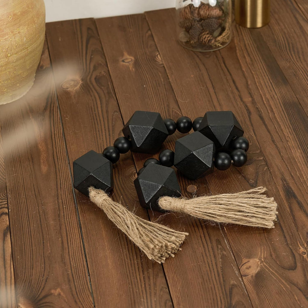 2&#34; Octagonal Extra Large Wood Bead Garland with Tassels, 28&#34; Long Rustic Farmhouse Wooden Beads Garland, Decorative Beads Boho Decorations for Home Table Mantle Black