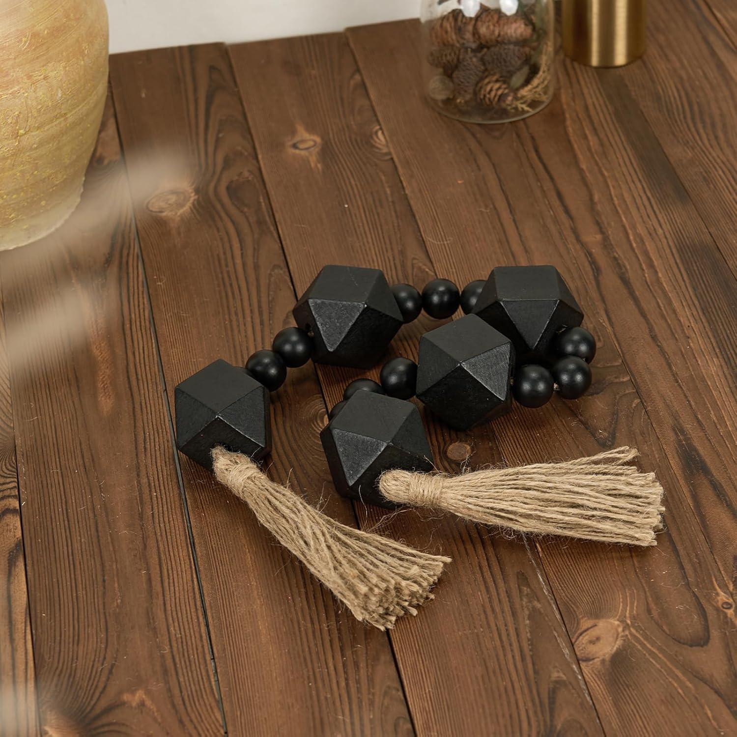 2&#34; Octagonal Extra Large Wood Bead Garland with Tassels, 28&#34; Long Rustic Farmhouse Wooden Beads Garland, Decorative Beads Boho Decorations for Home Table Mantle Black
