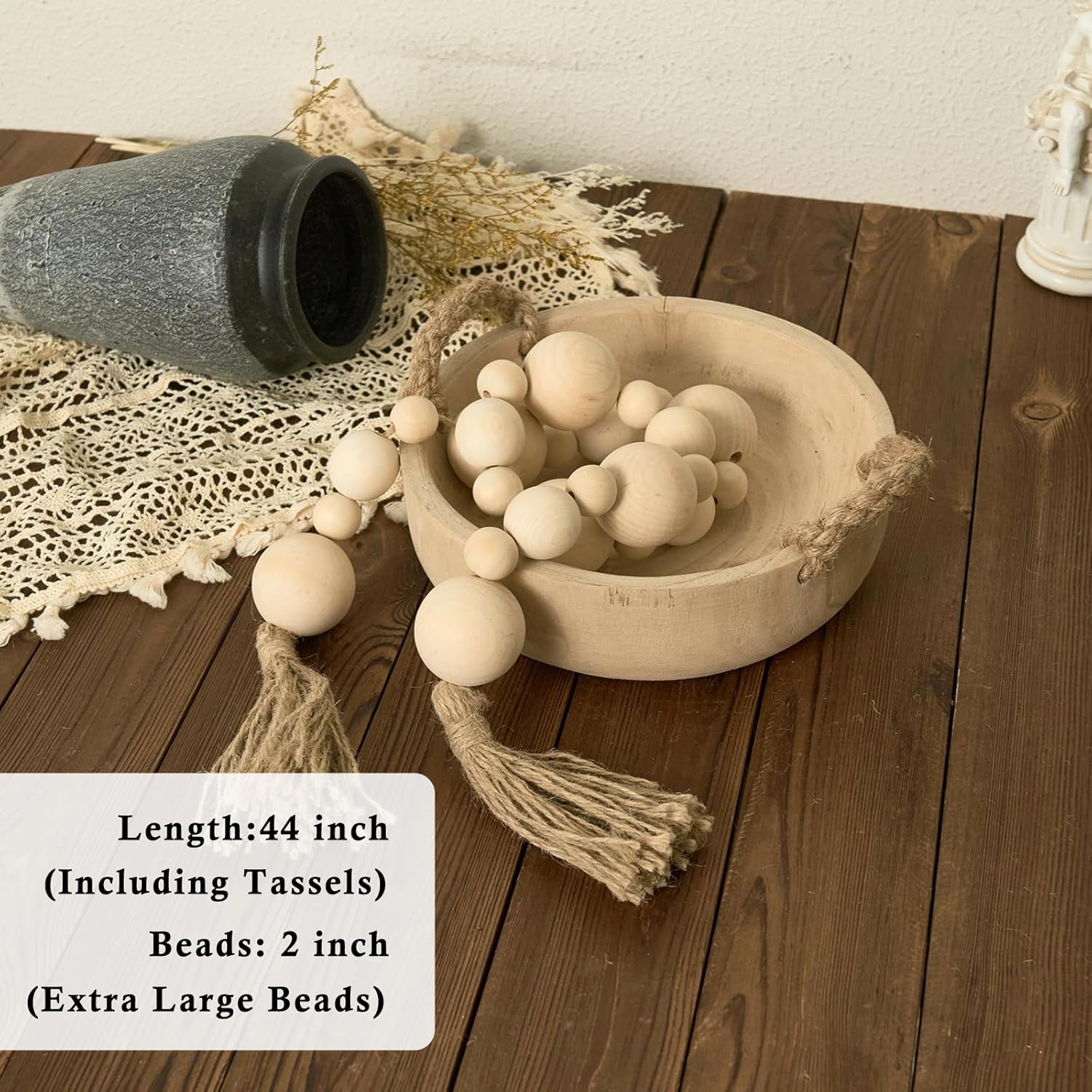 2&#34; Extra Large Wood Bead Garland with Tassels, 44&#34; Long Rustic Farmhouse Wooden Beads Garland, Decorative Beads Boho Decorations for Home Table Mantle Natural Beige