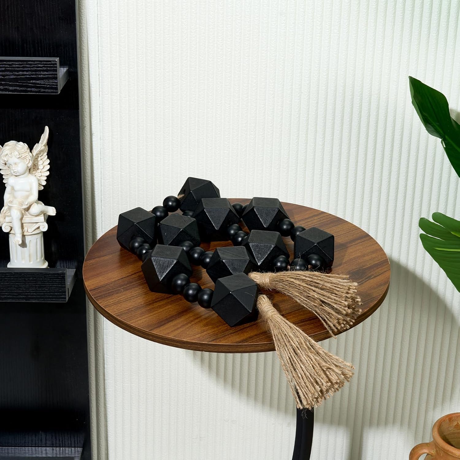 2&#34; Octagonal Extra Large Wood Bead Garland with Tassels, 55&#34; Long Rustic Farmhouse Wooden Beads Garland, Decorative Beads Boho Decorations for Home Table Mantle Black