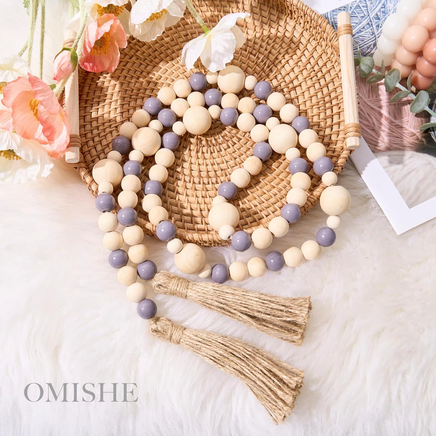 OMISHE Wood Bead Garland with Tassels 61 Inches, Boho Decorative Beads, Farmhouse Beads Garland for Home Tiered Tray Decor, Beige Gray