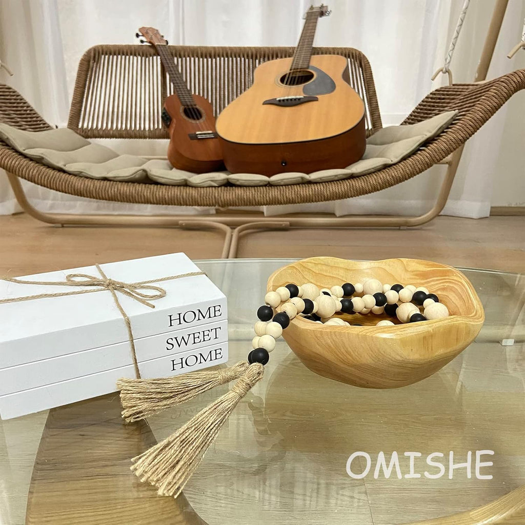 OMISHE Wood Bead Garland with Tassels 61 Inches, Boho Farmhouse Wooden Decorative Beads for Home Tiered Tray Decor, Beige Black