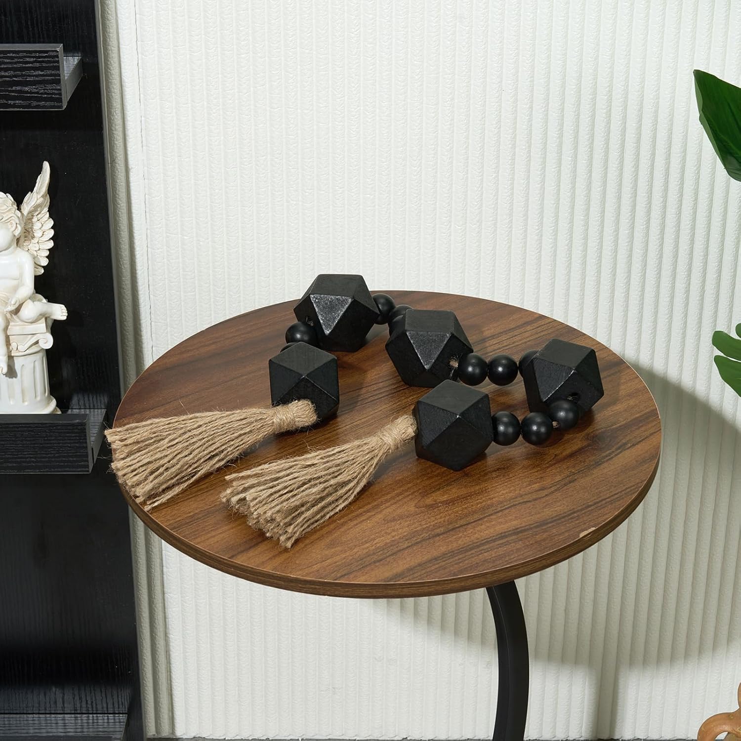 2&#34; Octagonal Extra Large Wood Bead Garland with Tassels, 28&#34; Long Rustic Farmhouse Wooden Beads Garland, Decorative Beads Boho Decorations for Home Table Mantle Black