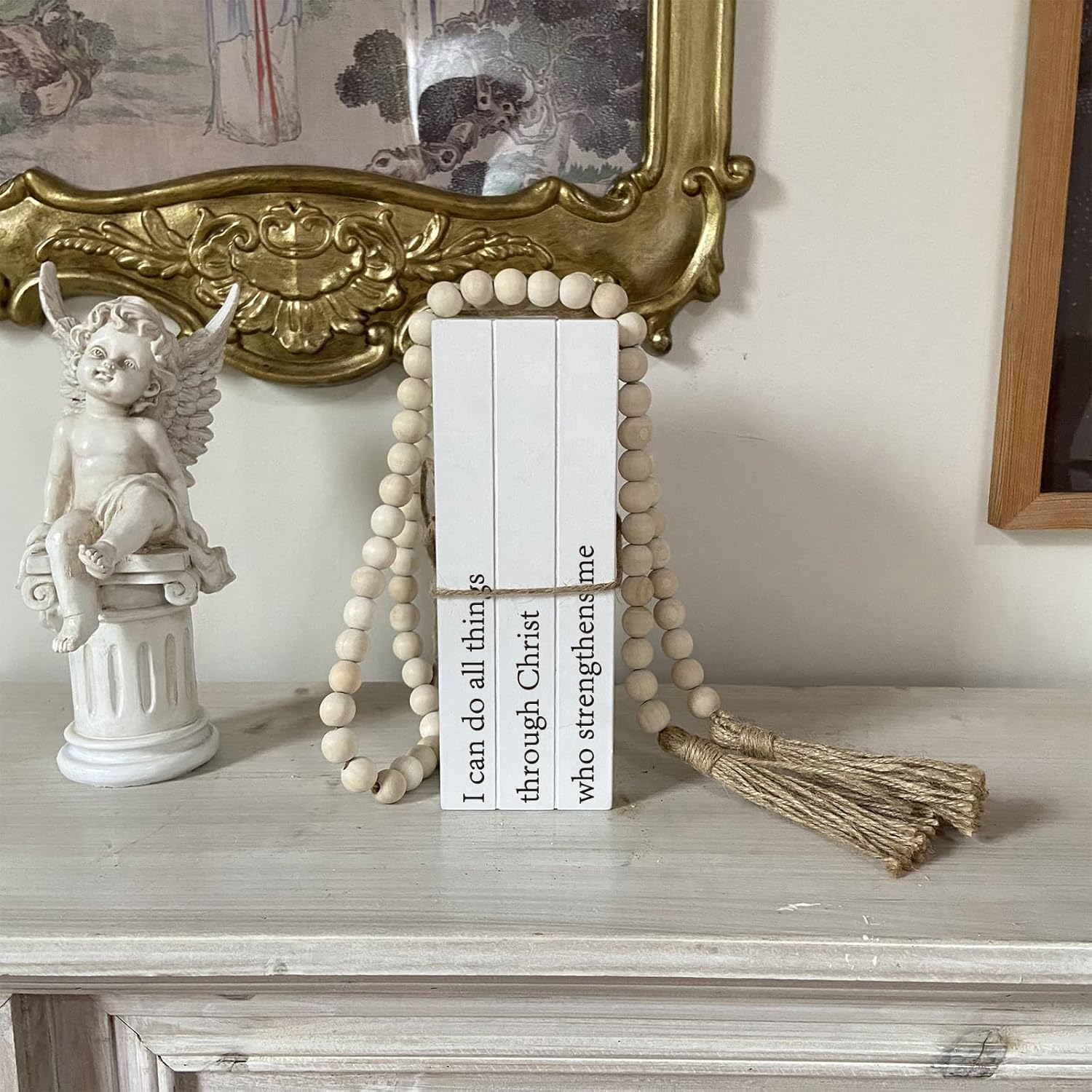 Decorative Books for Home Decor, White Faux Books for Decoration, Rustic Farmhouse Stacked Books with 52in Wood Bead Garland for Coffee Table Mantle Fireplace (I can do All Things Through Christ)