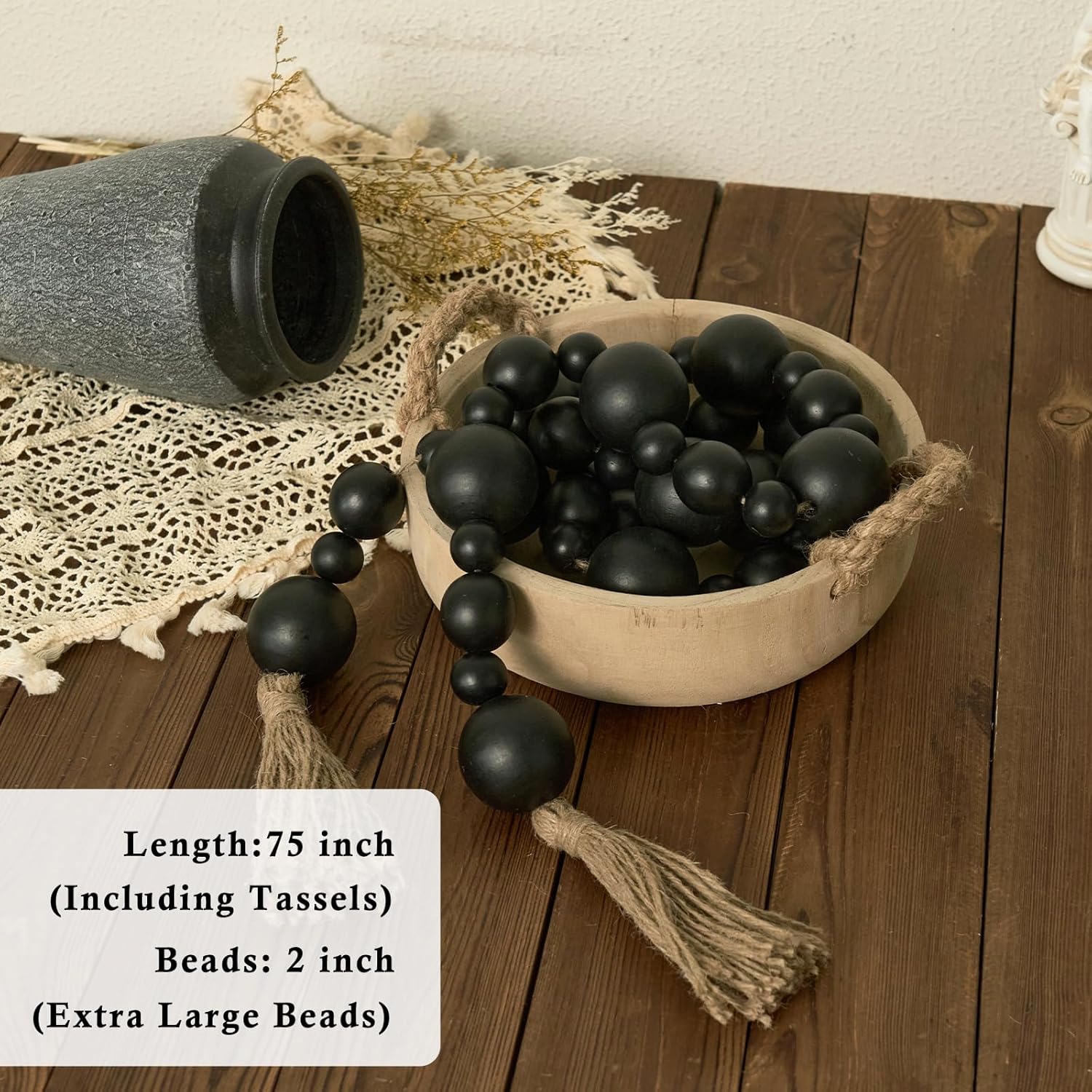 2&#34; Extra Large Wood Bead Garland with Tassels, 75&#34; Long Rustic Farmhouse Wooden Beads Garland, Decorative Beads Boho Decorations for Home Table Mantle Black