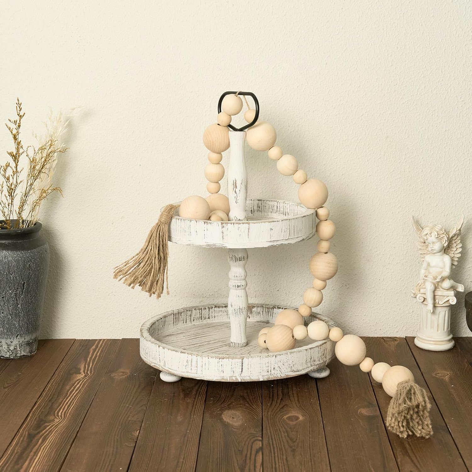 2&#34; Extra Large Wood Bead Garland with Tassels, 60&#34; Long Rustic Farmhouse Wooden Beads Garland, Decorative Beads Boho Decorations for Home Table Mantle Natural Beige