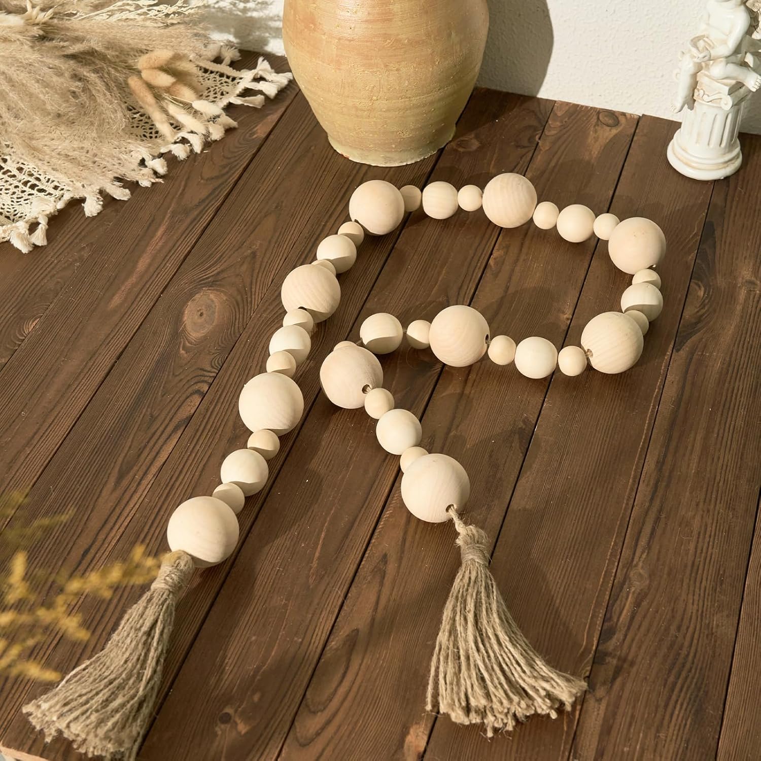 2&#34; Extra Large Wood Bead Garland with Tassels, 60&#34; Long Rustic Farmhouse Wooden Beads Garland, Decorative Beads Boho Decorations for Home Table Mantle Natural Beige