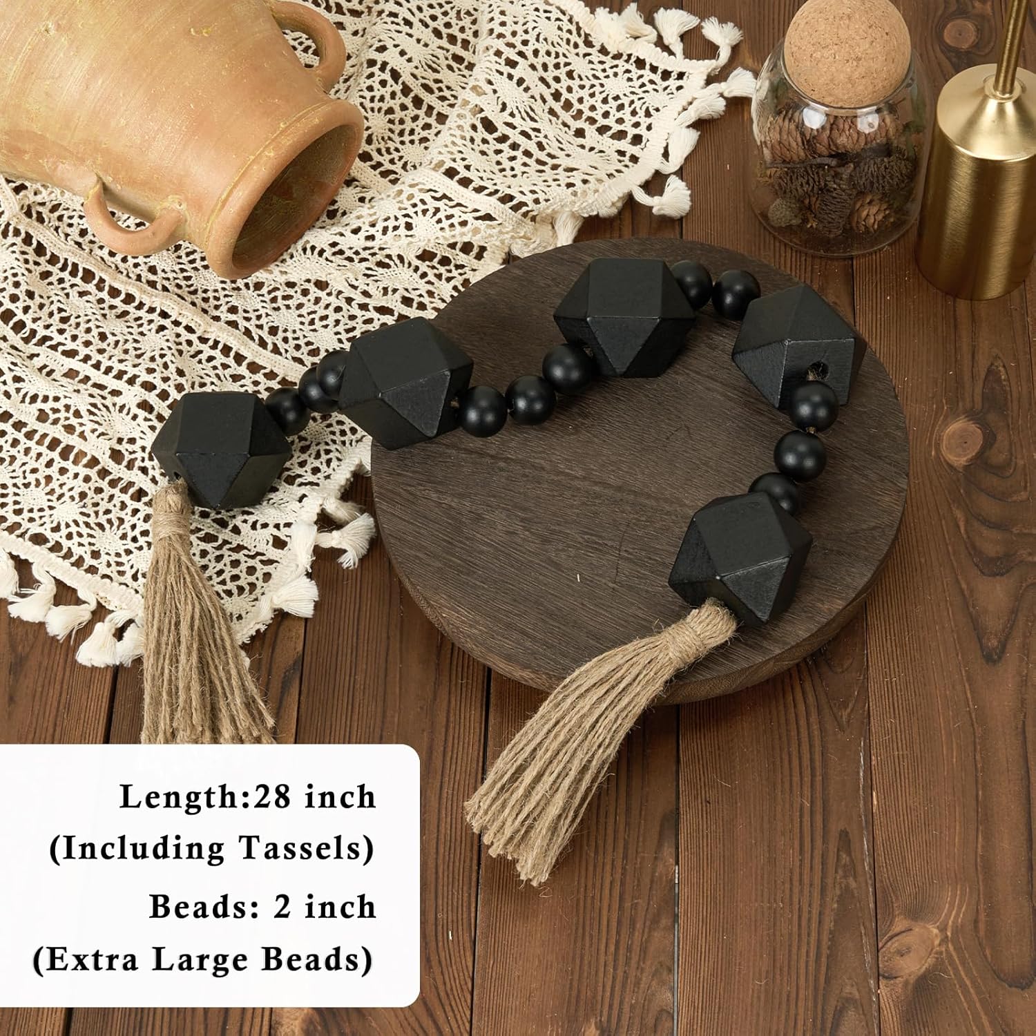 2&#34; Octagonal Extra Large Wood Bead Garland with Tassels, 28&#34; Long Rustic Farmhouse Wooden Beads Garland, Decorative Beads Boho Decorations for Home Table Mantle Black