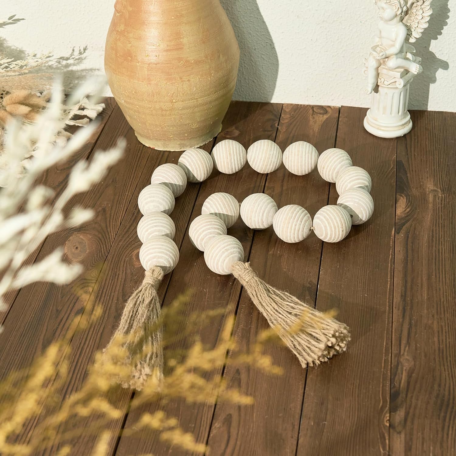 50&#34; Long Ribbed Extra Large Wood Bead Garland with 2&#34; Diameter Wooden Beads, Rustic Farmhouse Wooden Beads Garland with Tassels, Boho Decorative Beads for Home Table Mantle Rustic White