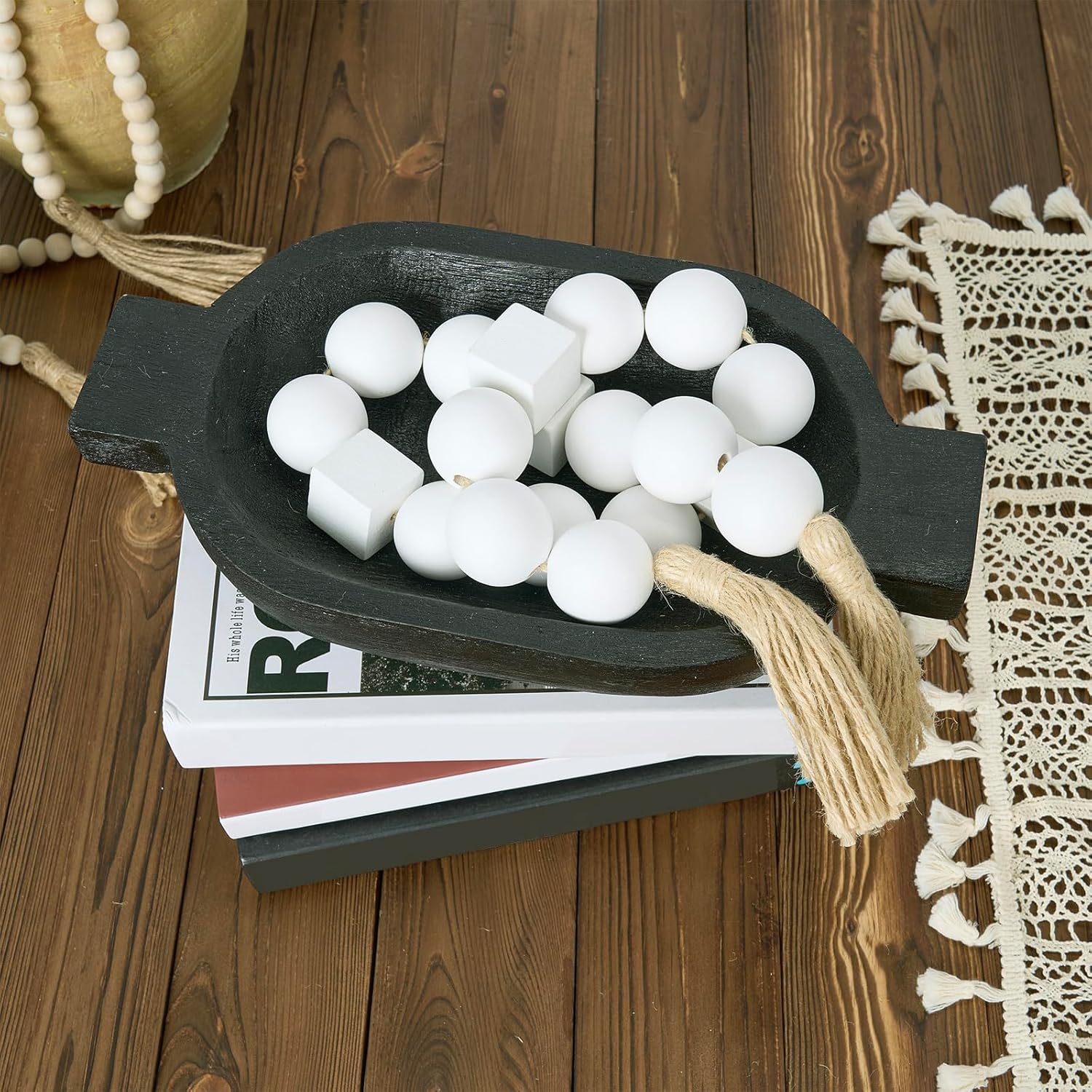 OMISHE White Extra Large Wood Bead Garland with 1.6&#34; Diameter Wooden Beads and Tassels, 41.5&#34; Long Rustic Farmhouse Country Boho Decorative Beads for Home Decor Tiered Tray Decor