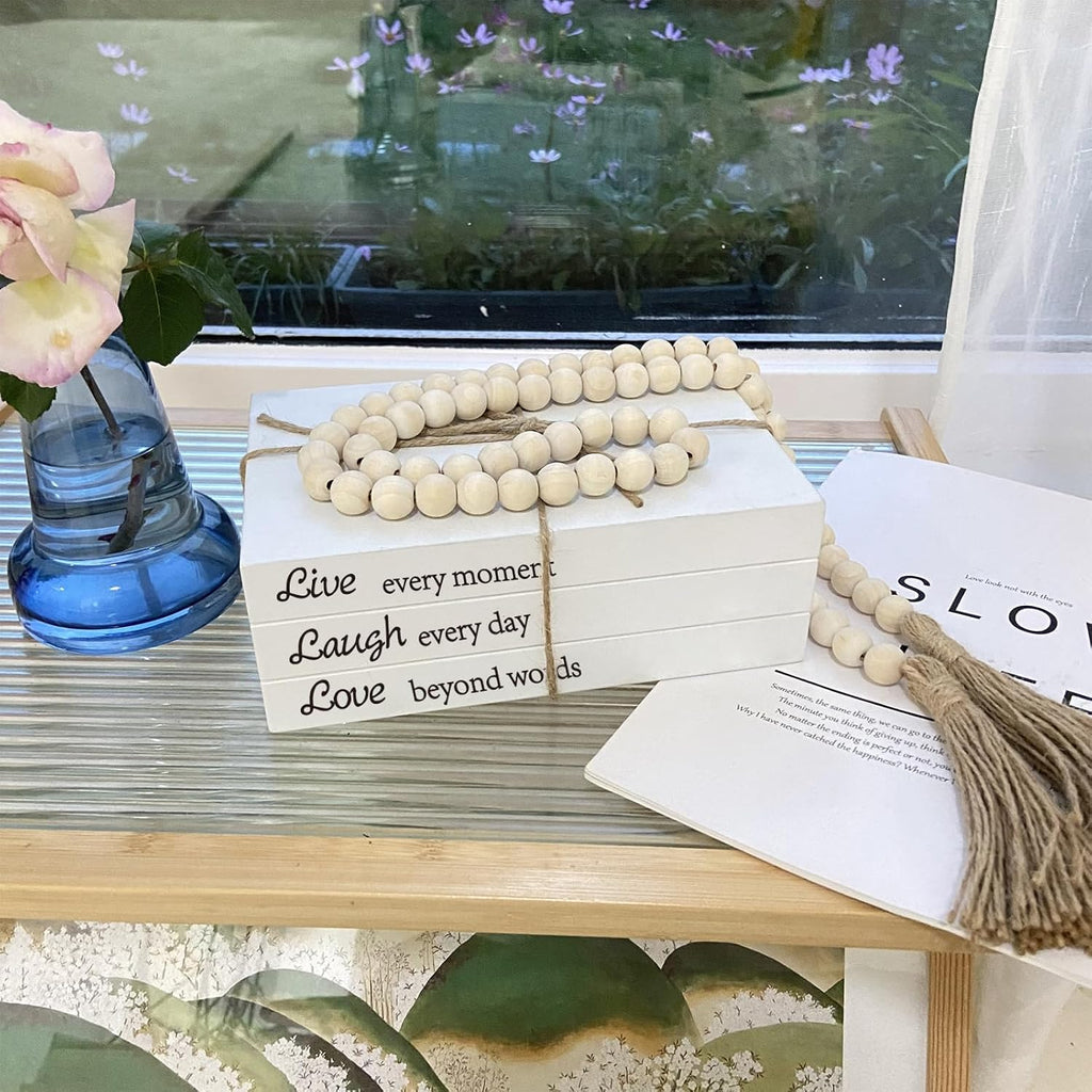 Decorative Books for Home Decor, White Faux Books for Decoration, Rustic Farmhouse Stacked Display Books with 52in Wood Bead Garland for Coffee Tables Living Room, (Live Laugh Love)