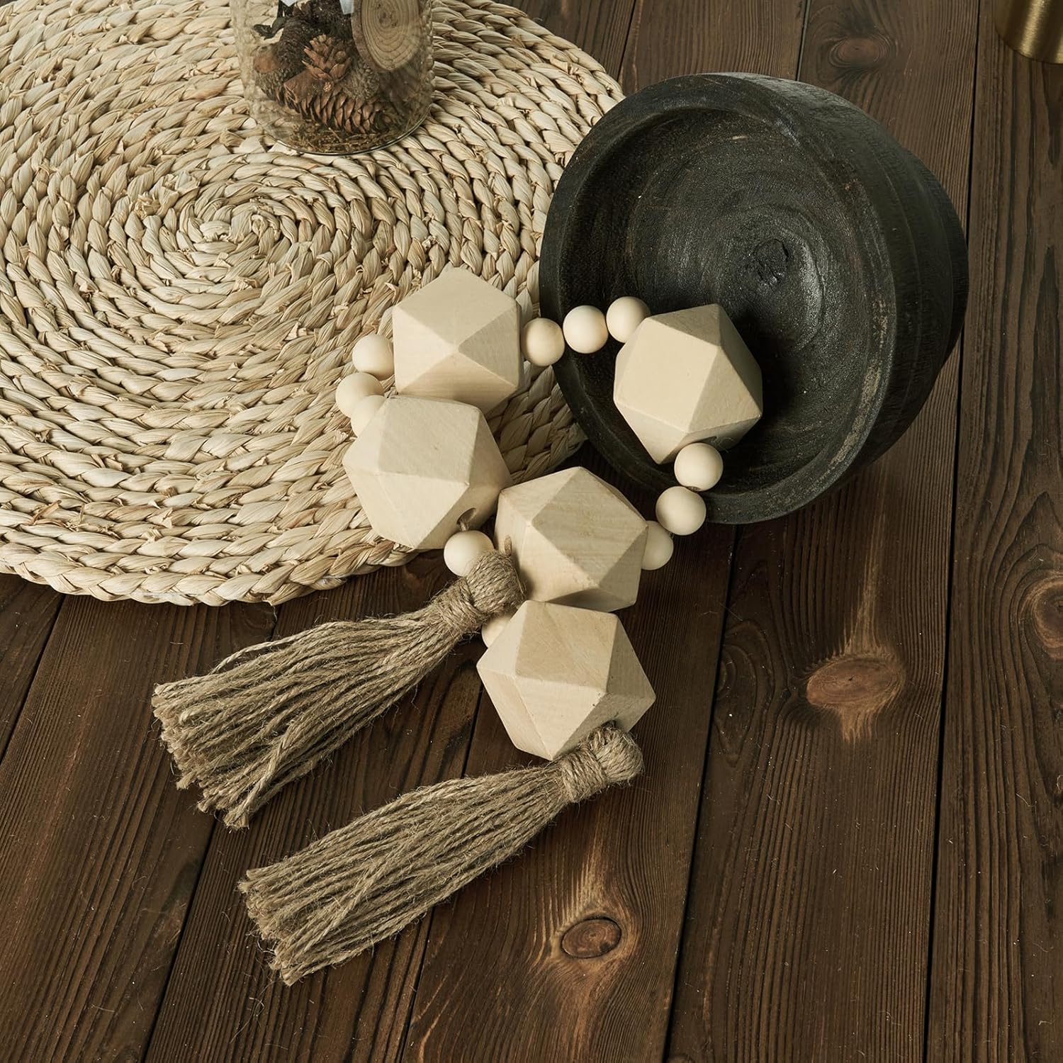 2&#34; Octagonal Extra Large Wood Bead Garland with Tassels, 28&#34; Long Rustic Farmhouse Wooden Beads Garland, Decorative Beads Boho Decorations for Home Table Mantle Natural Beige