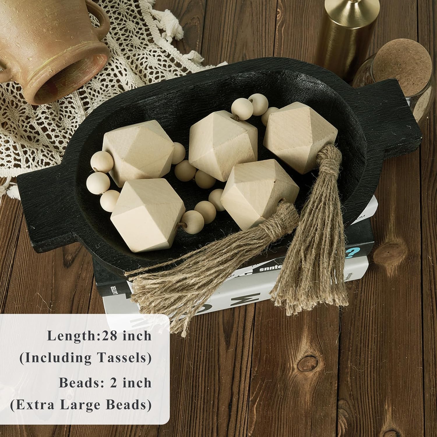 2&#34; Octagonal Extra Large Wood Bead Garland with Tassels, 28&#34; Long Rustic Farmhouse Wooden Beads Garland, Decorative Beads Boho Decorations for Home Table Mantle Natural Beige
