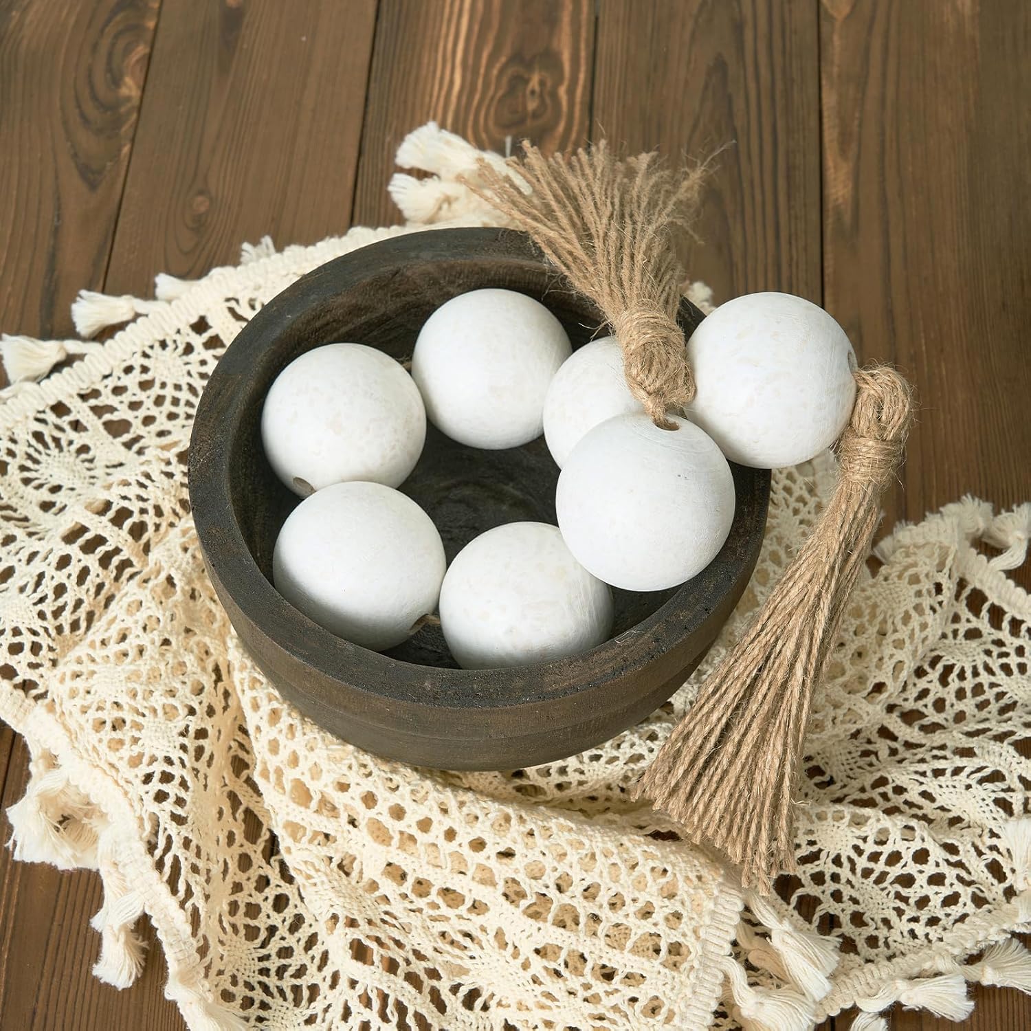 OMISHE Extra Large Wood Bead Garland with 2&#34; Diameter Wooden Beads, 25.5&#34; Long Rustic Farmhouse Wooden Decorative Beads Boho Decorations for Home Table Mantle, Rustic White