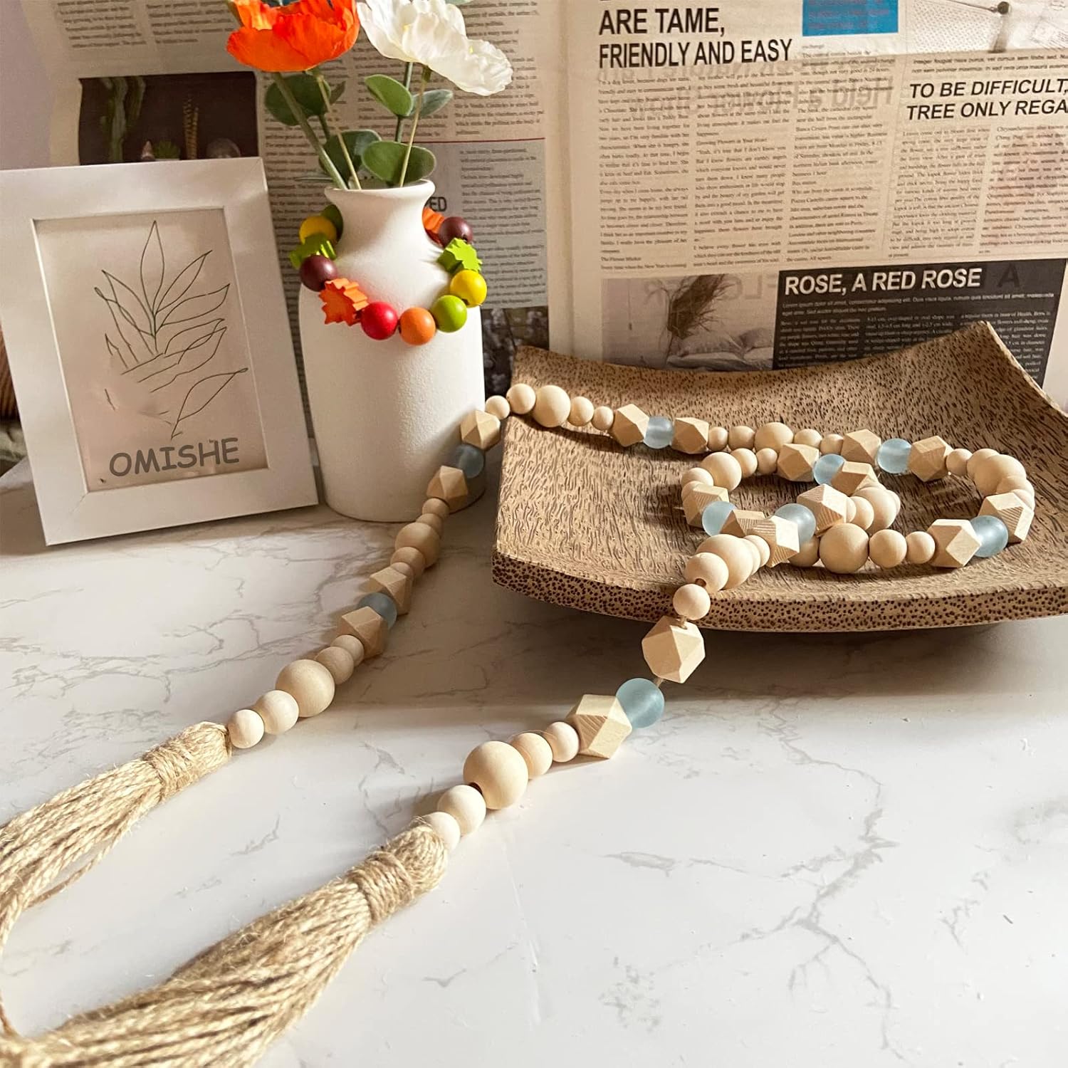 OMISHE Wood Bead Garland with Tassels 52 Inches, Octagonal Handmade Wooden Beads with Blue Acrylic Beads, Boho Wooden Beads Home Decor, Farmhouse Beads Garland for Tiered Tray Decor Beach Decor