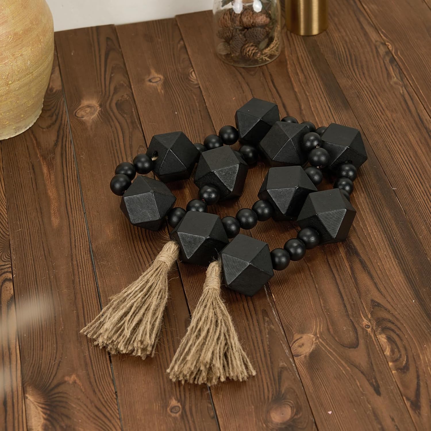 2&#34; Octagonal Extra Large Wood Bead Garland with Tassels, 55&#34; Long Rustic Farmhouse Wooden Beads Garland, Decorative Beads Boho Decorations for Home Table Mantle Black