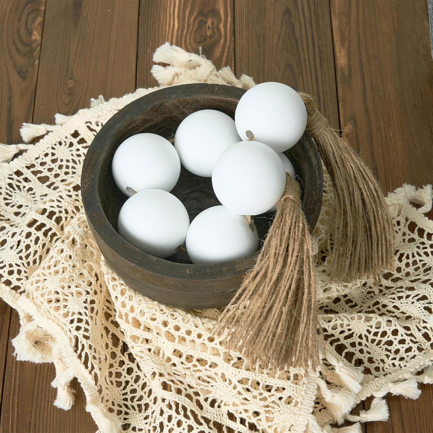 OMISHE Extra Large Wood Bead Garland with 2&#34; Diameter Wooden Beads, 25.5&#34; Long Rustic Farmhouse Wooden Decorative Beads Boho Decorations for Home Table Mantle, White