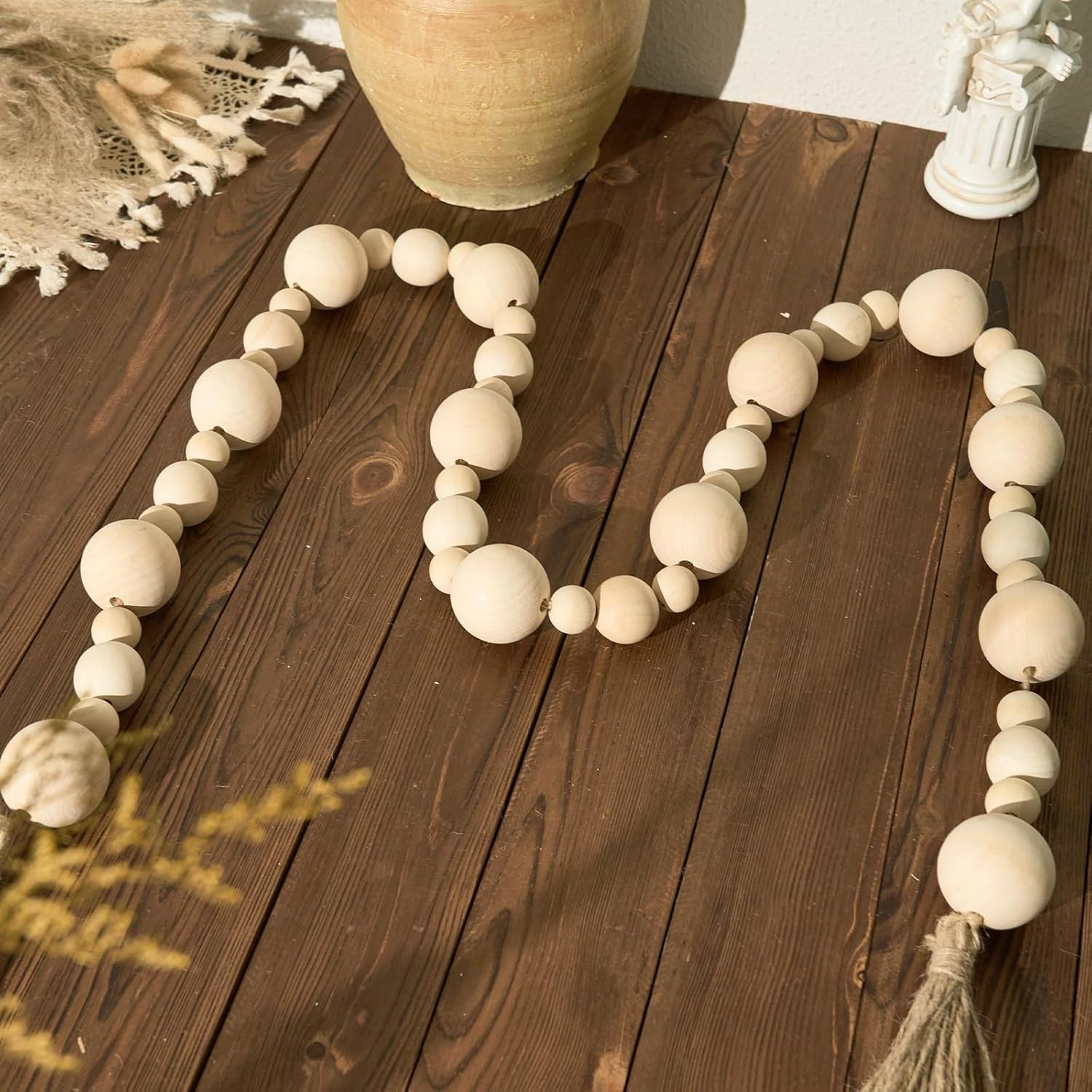2&#34; Extra Large Wood Bead Garland with Tassels, 75&#34; Long Rustic Farmhouse Wooden Beads Garland, Decorative Beads Boho Decorations for Home Table Mantle Natural Beige