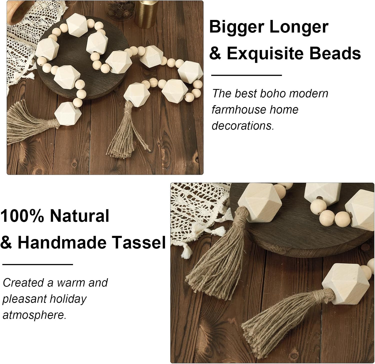 2&#34; Octagonal Extra Large Wood Bead Garland with Tassels, 55&#34; Long Rustic Farmhouse Wooden Beads Garland, Decorative Beads Boho Decorations for Home Table Mantle Natural Beige
