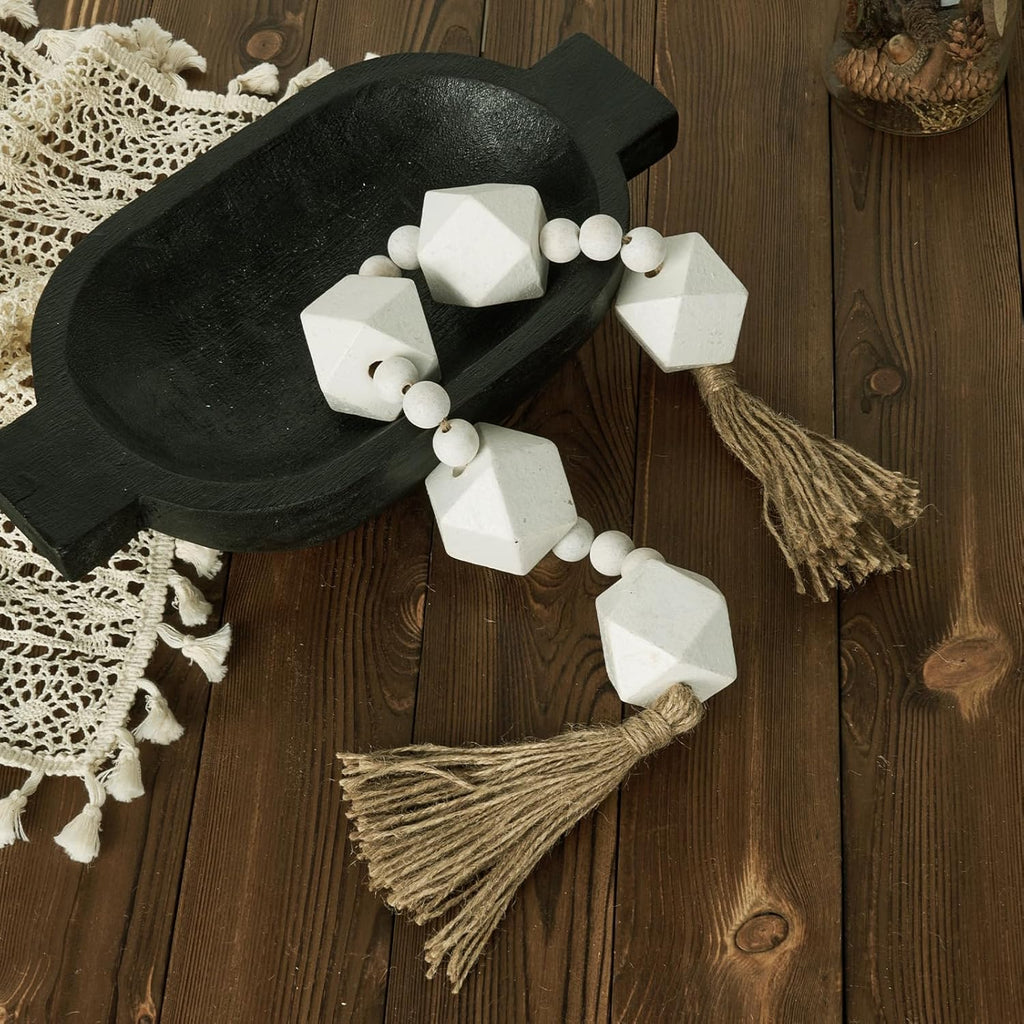 2&#34; Octagonal Extra Large Wood Bead Garland with Tassels, 28&#34; Long Rustic Farmhouse Wooden Beads Garland, Decorative Beads Boho Decorations for Home Table Mantle White