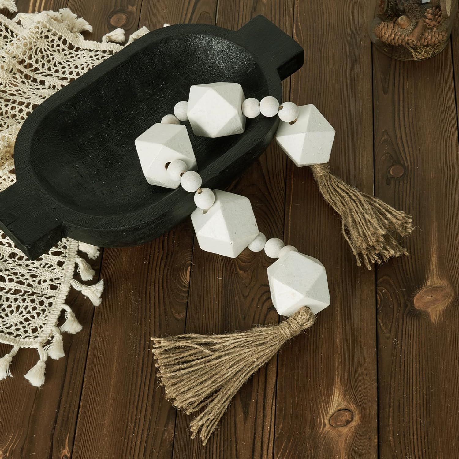 2&#34; Octagonal Extra Large Wood Bead Garland with Tassels, 28&#34; Long Rustic Farmhouse Wooden Beads Garland, Decorative Beads Boho Decorations for Home Table Mantle White