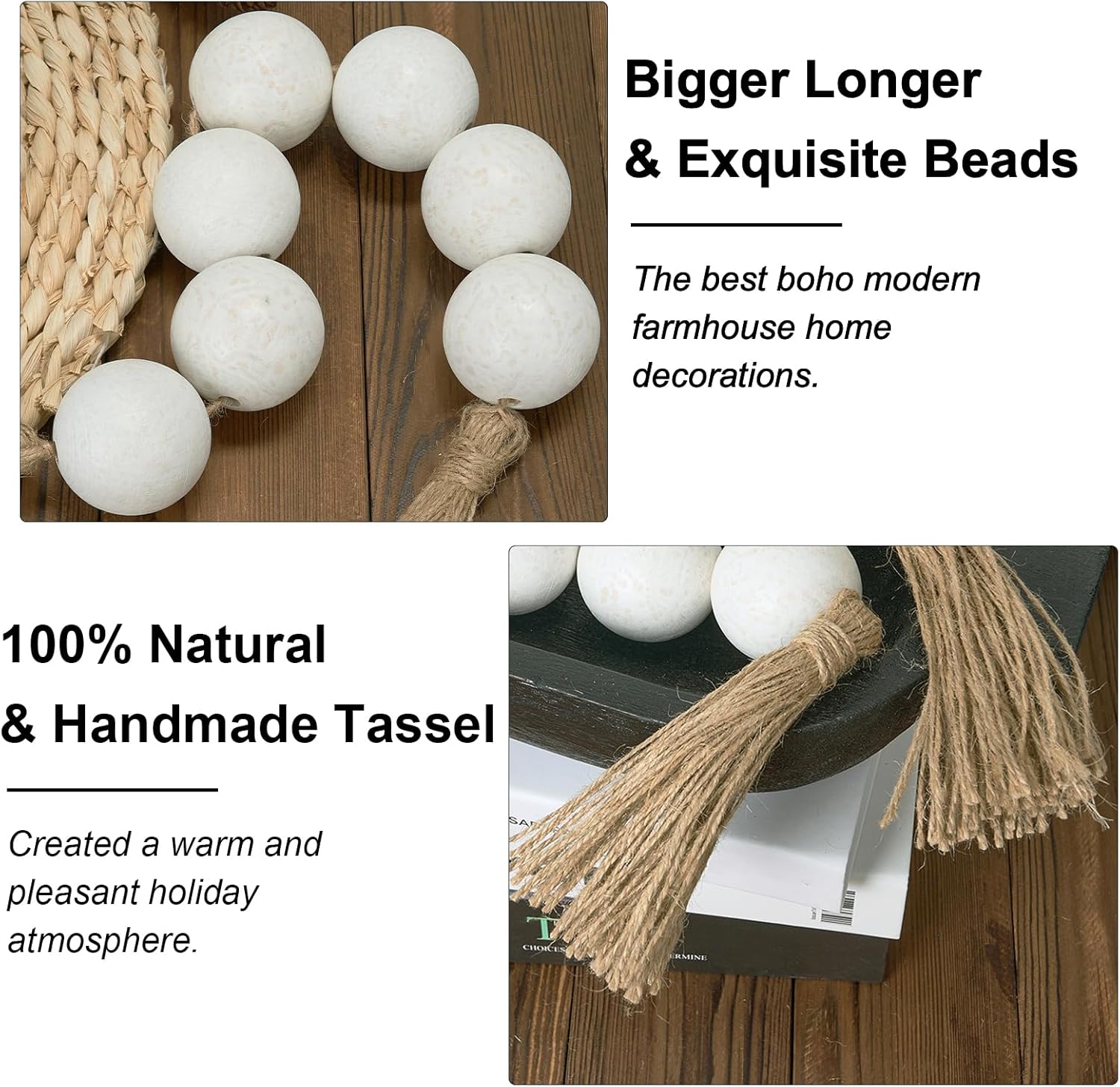 OMISHE Extra Large Wood Bead Garland with 2&#34; Diameter Wooden Beads, 25.5&#34; Long Rustic Farmhouse Wooden Decorative Beads Boho Decorations for Home Table Mantle, Rustic White