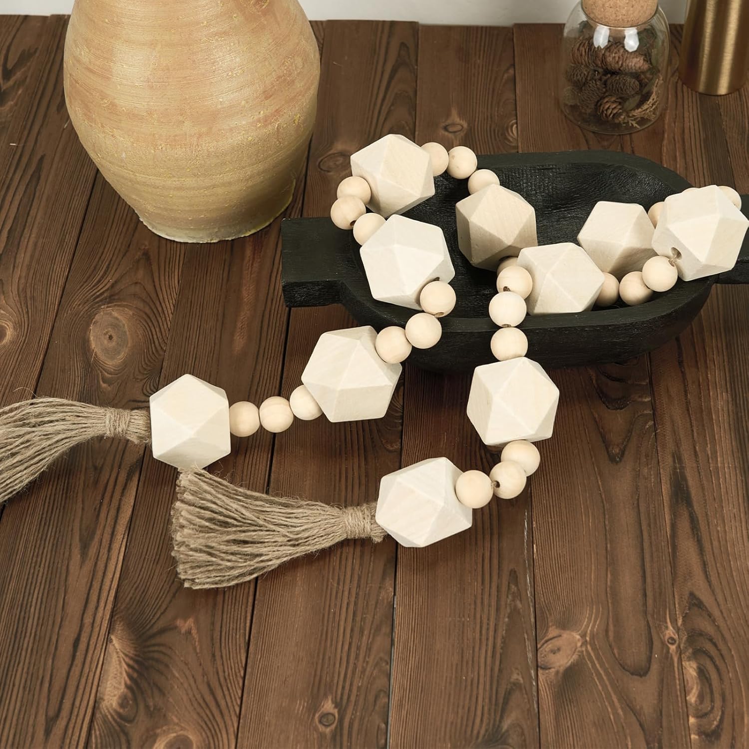 2&#34; Octagonal Extra Large Wood Bead Garland with Tassels, 55&#34; Long Rustic Farmhouse Wooden Beads Garland, Decorative Beads Boho Decorations for Home Table Mantle Natural Beige