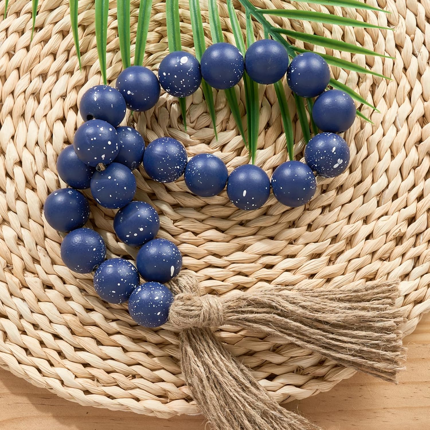 OMISHE 1.2&#34; Large Wood Bead Garland with Tassels, 35.5&#34; Long Boho Decorative Beads, Farmhouse Beads Garland for Home Tiered Tray Decor, Rustic Navy Blue