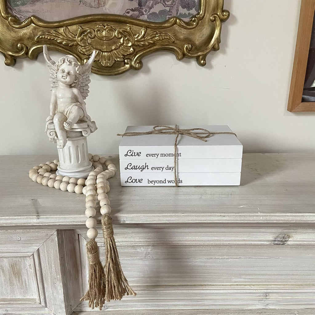 Decorative Books for Home Decor, White Faux Books for Decoration, Rustic Farmhouse Stacked Display Books with 52in Wood Bead Garland for Coffee Tables Living Room, (Live Laugh Love)