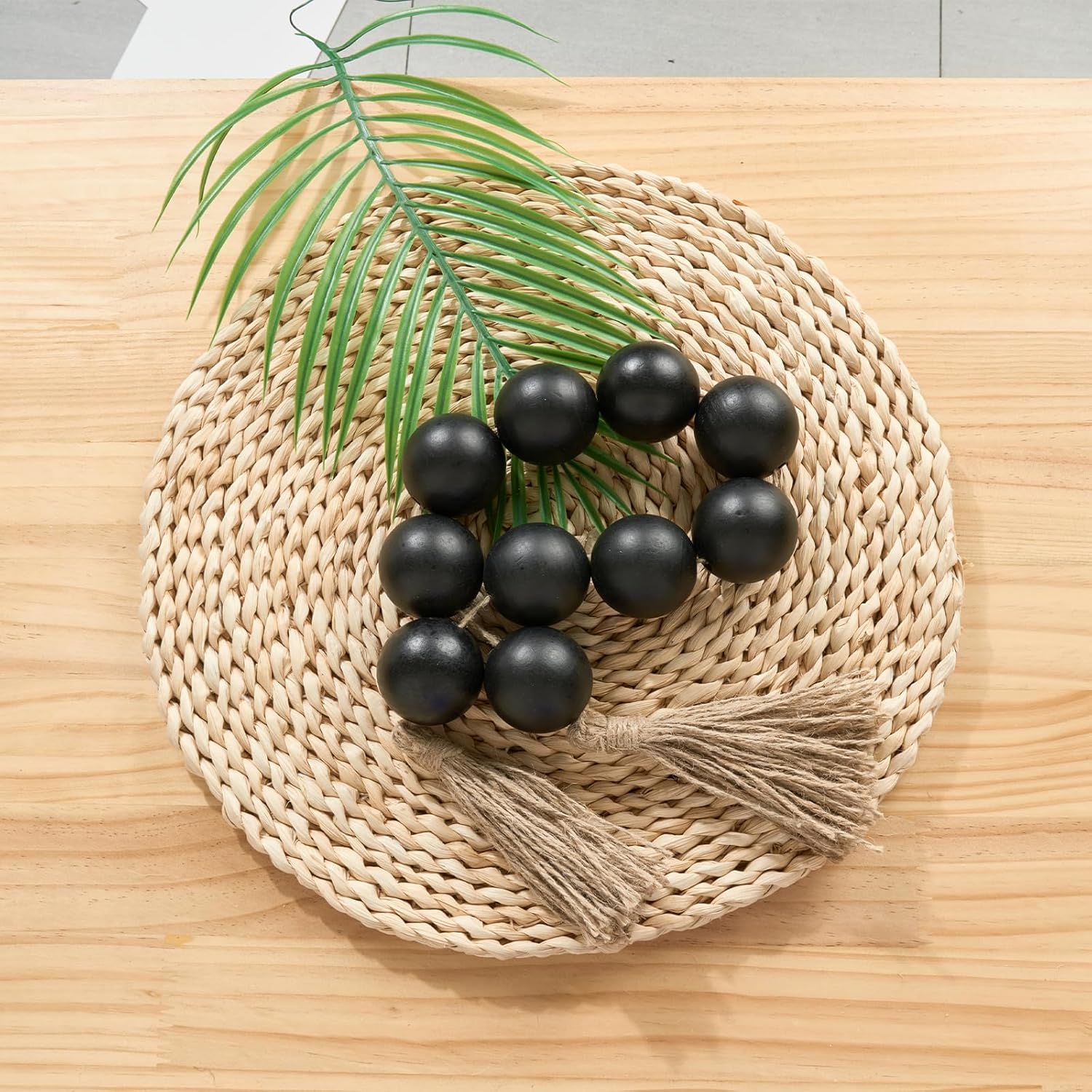 OMISHE Extra Large Wood Bead Garland with 2&#34; Diameter Wooden Beads, 33&#34; Long Rustic Farmhouse Wooden Beads Garland with Tassels, Decorative Beads Boho Decorations for Home Table Mantle Black