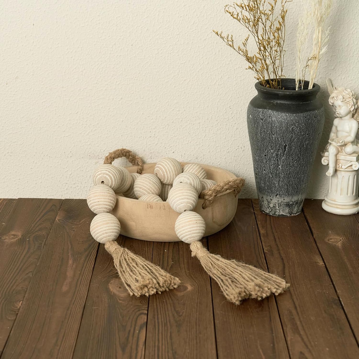 50&#34; Long Ribbed Extra Large Wood Bead Garland with 2&#34; Diameter Wooden Beads, Rustic Farmhouse Wooden Beads Garland with Tassels, Boho Decorative Beads for Home Table Mantle Rustic White