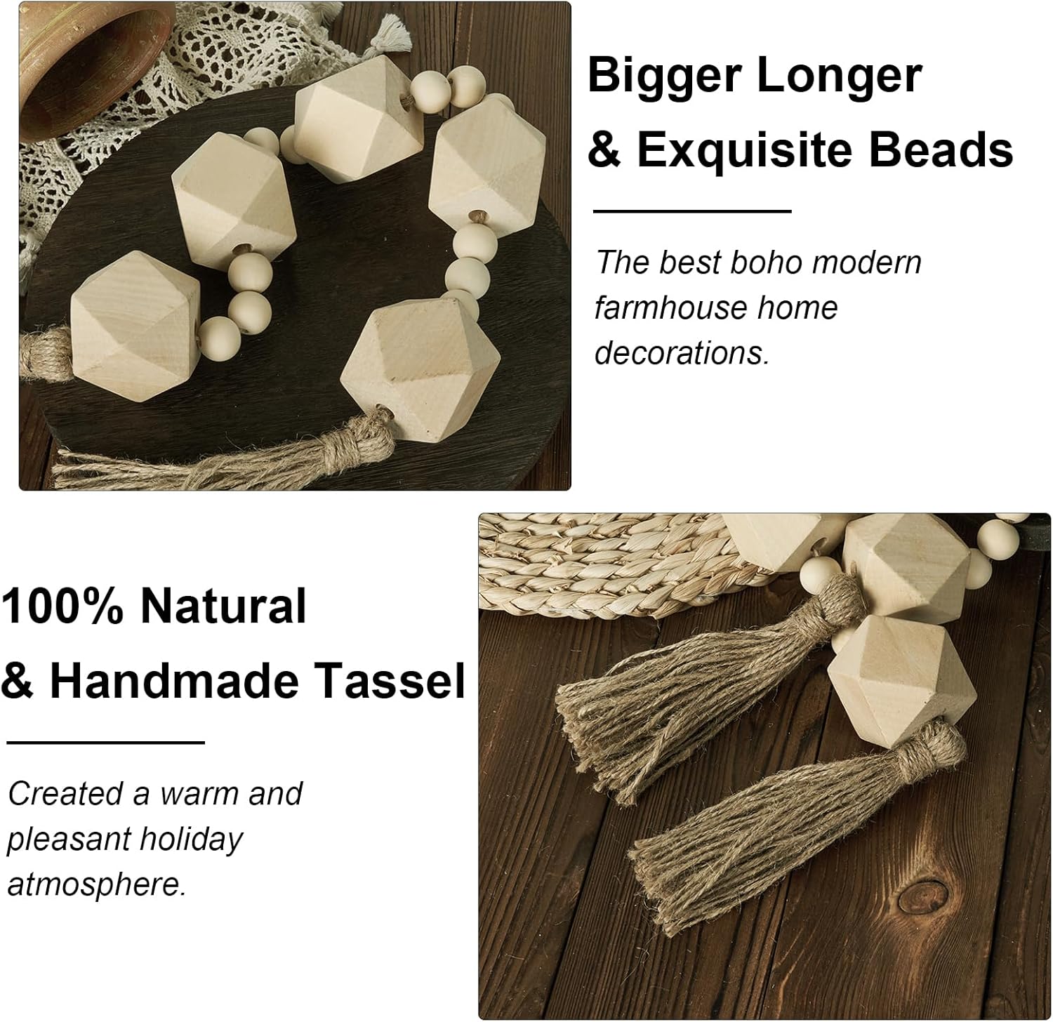 2&#34; Octagonal Extra Large Wood Bead Garland with Tassels, 28&#34; Long Rustic Farmhouse Wooden Beads Garland, Decorative Beads Boho Decorations for Home Table Mantle Natural Beige