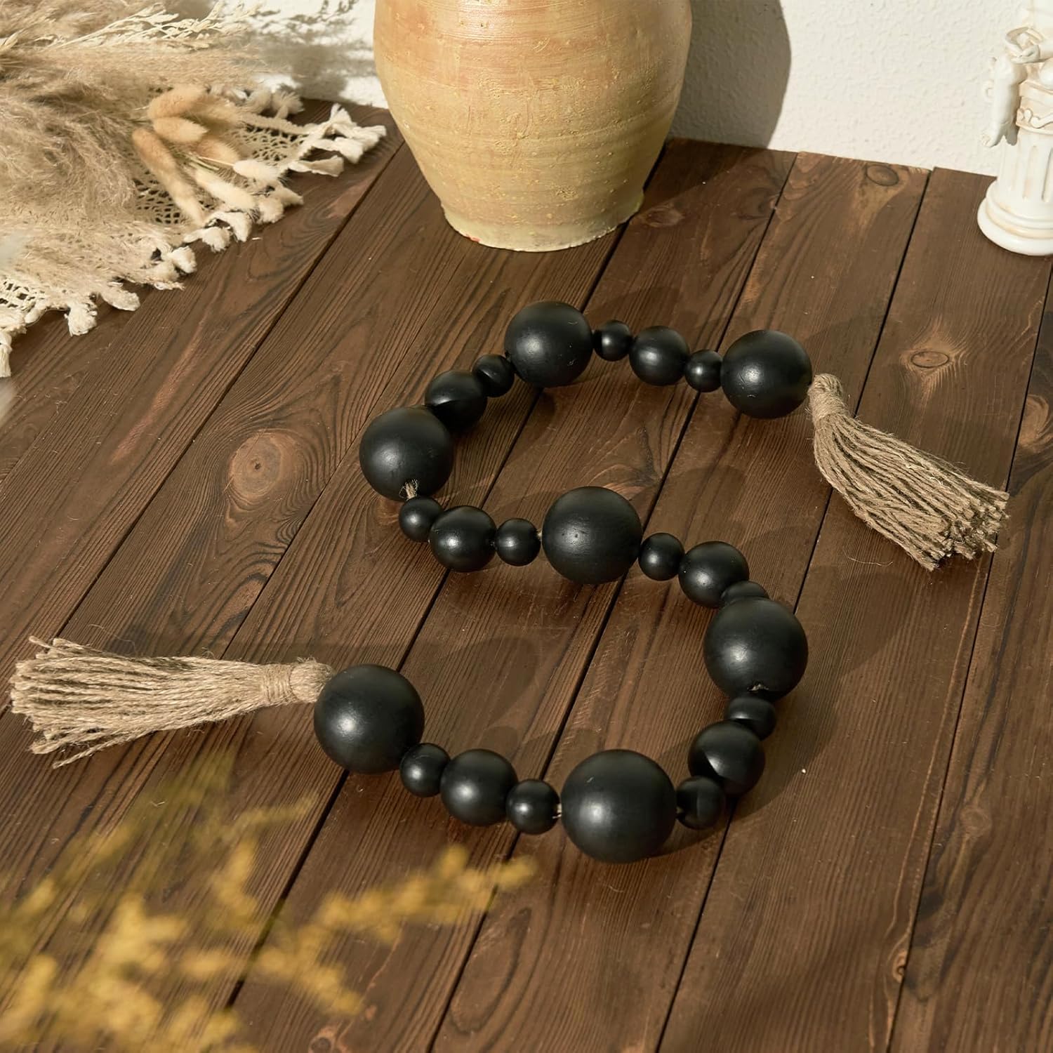 2&#34; Extra Large Wood Bead Garland with Tassels, 44&#34; Long Rustic Farmhouse Wooden Beads Garland, Decorative Beads Boho Decorations for Home Table Mantle Black