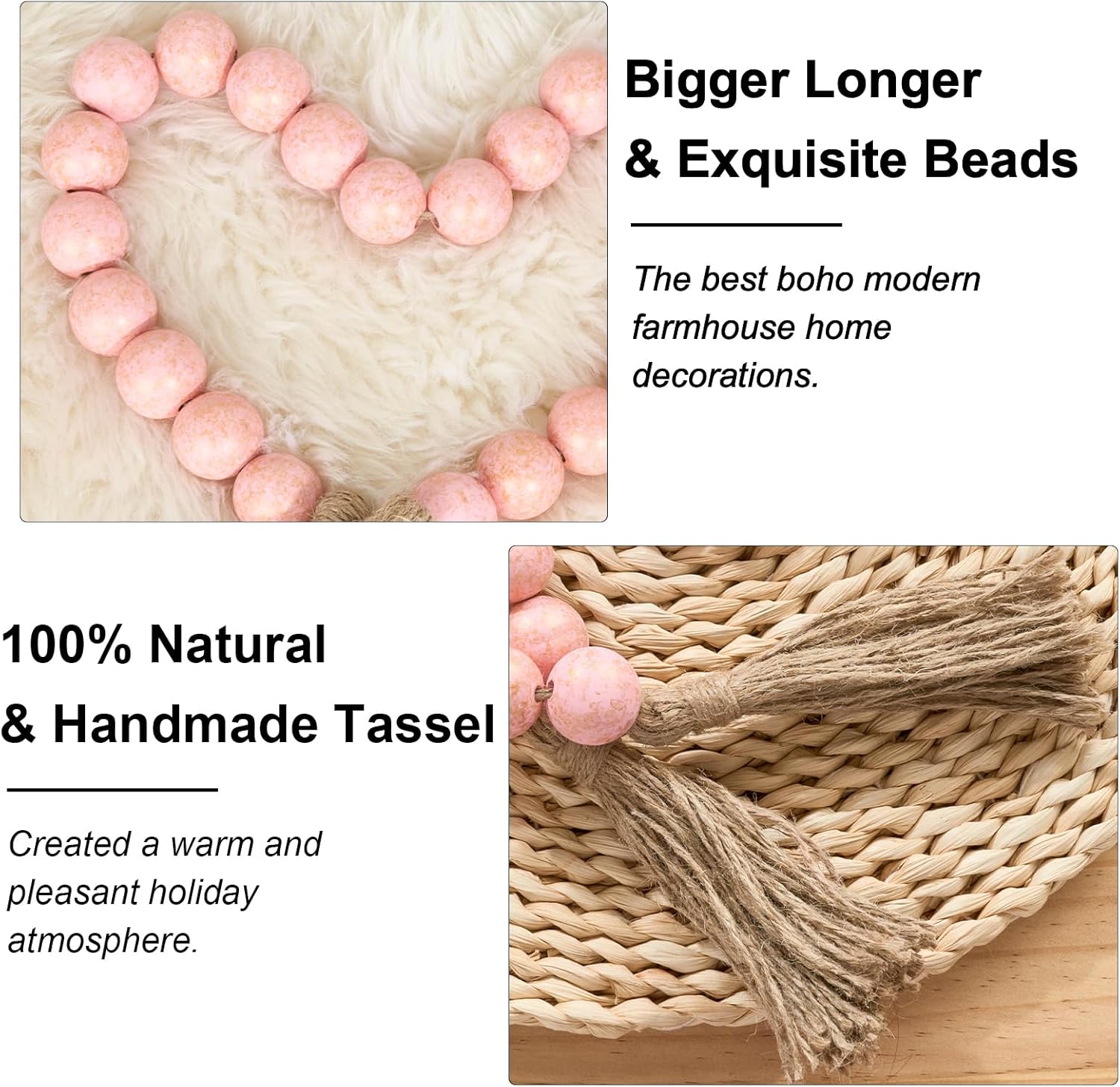 OMISHE 1.2&#34; Large Wood Bead Garland with Tassels, 35.5&#34; Long Boho Decorative Beads, Farmhouse Beads Garland for Home Tiered Tray Decor, Rustic Pink