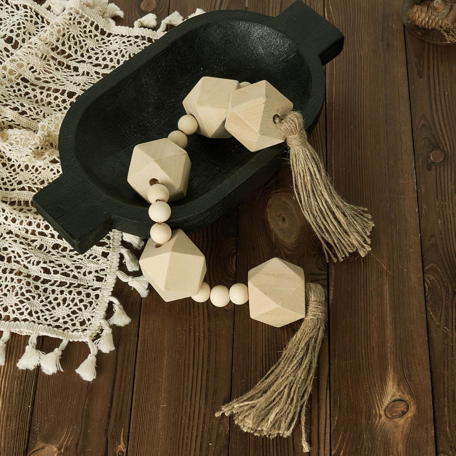 2&#34; Octagonal Extra Large Wood Bead Garland with Tassels, 28&#34; Long Rustic Farmhouse Wooden Beads Garland, Decorative Beads Boho Decorations for Home Table Mantle Natural Beige