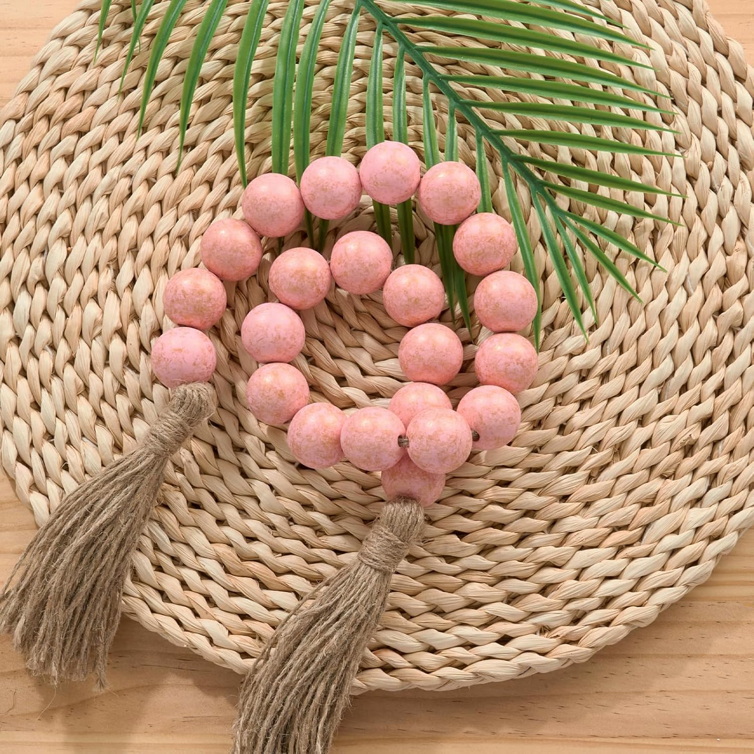 OMISHE 1.2&#34; Large Wood Bead Garland with Tassels, 35.5&#34; Long Boho Decorative Beads, Farmhouse Beads Garland for Home Tiered Tray Decor, Rustic Pink