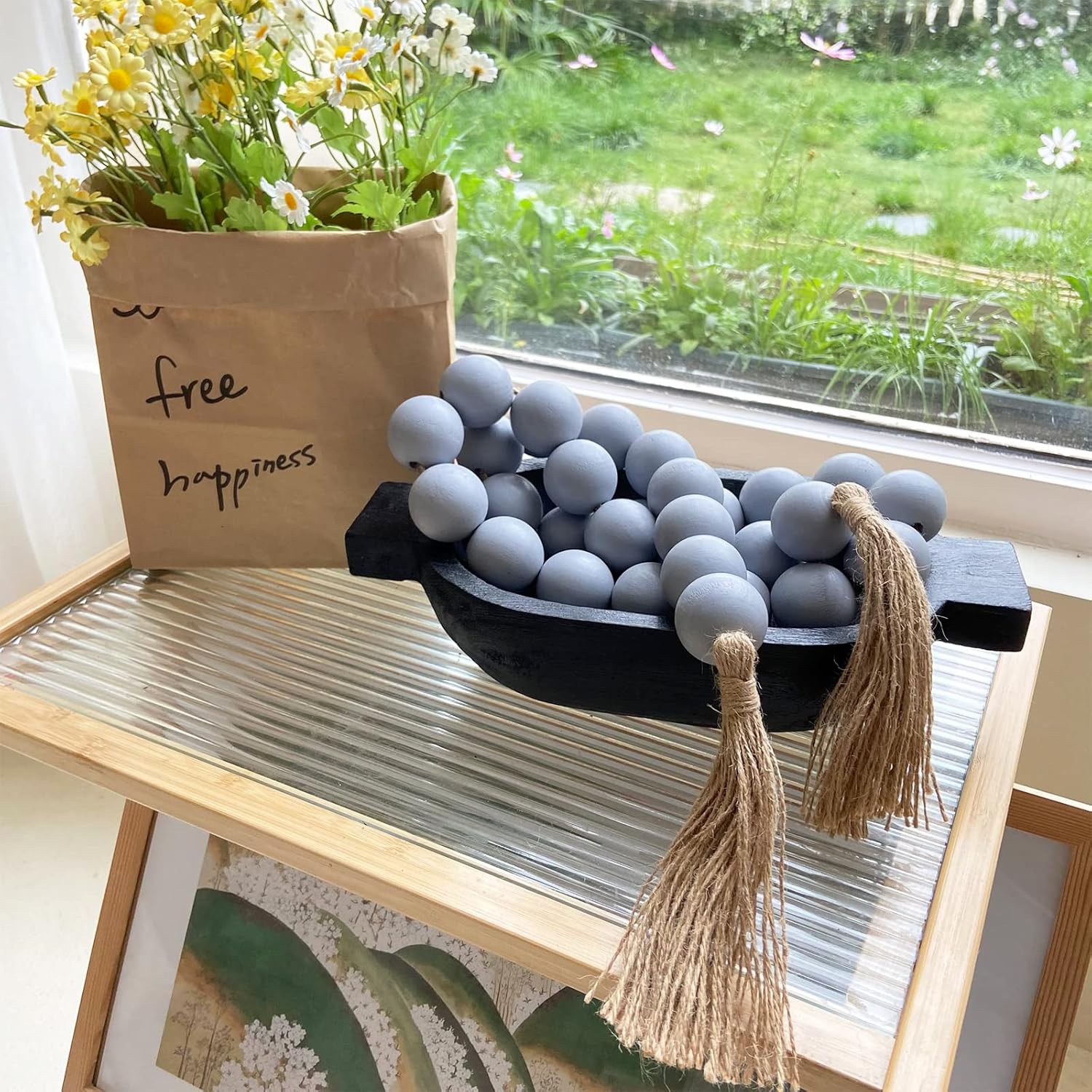 OMISHE 76&#34; Long Extra Large Wood Bead Garland Grey with 1.6&#34; Diameter Wooden Beads and Tassels, Rustic Farmhouse Country Decorative Beads for Home Tiered Tray Decor, Grey