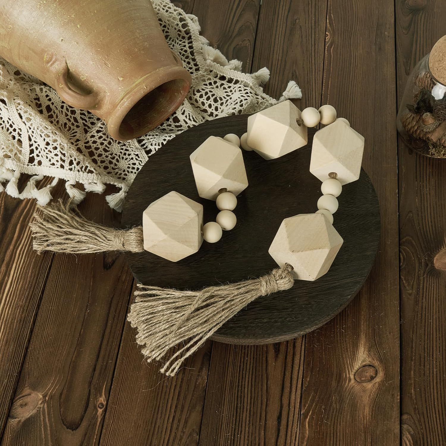 2&#34; Octagonal Extra Large Wood Bead Garland with Tassels, 28&#34; Long Rustic Farmhouse Wooden Beads Garland, Decorative Beads Boho Decorations for Home Table Mantle Natural Beige