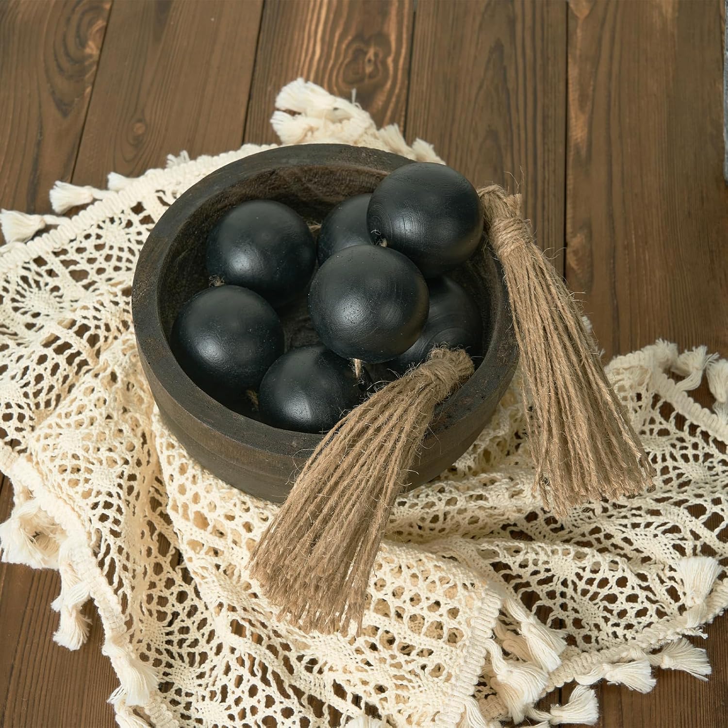OMISHE Extra Large Wood Bead Garland with 2&#34; Diameter Wooden Beads, 25.5&#34; Long Rustic Farmhouse Decorative Wooden Beads Garland with Tassels, Boho Decorations for Home Table Mantle, Black