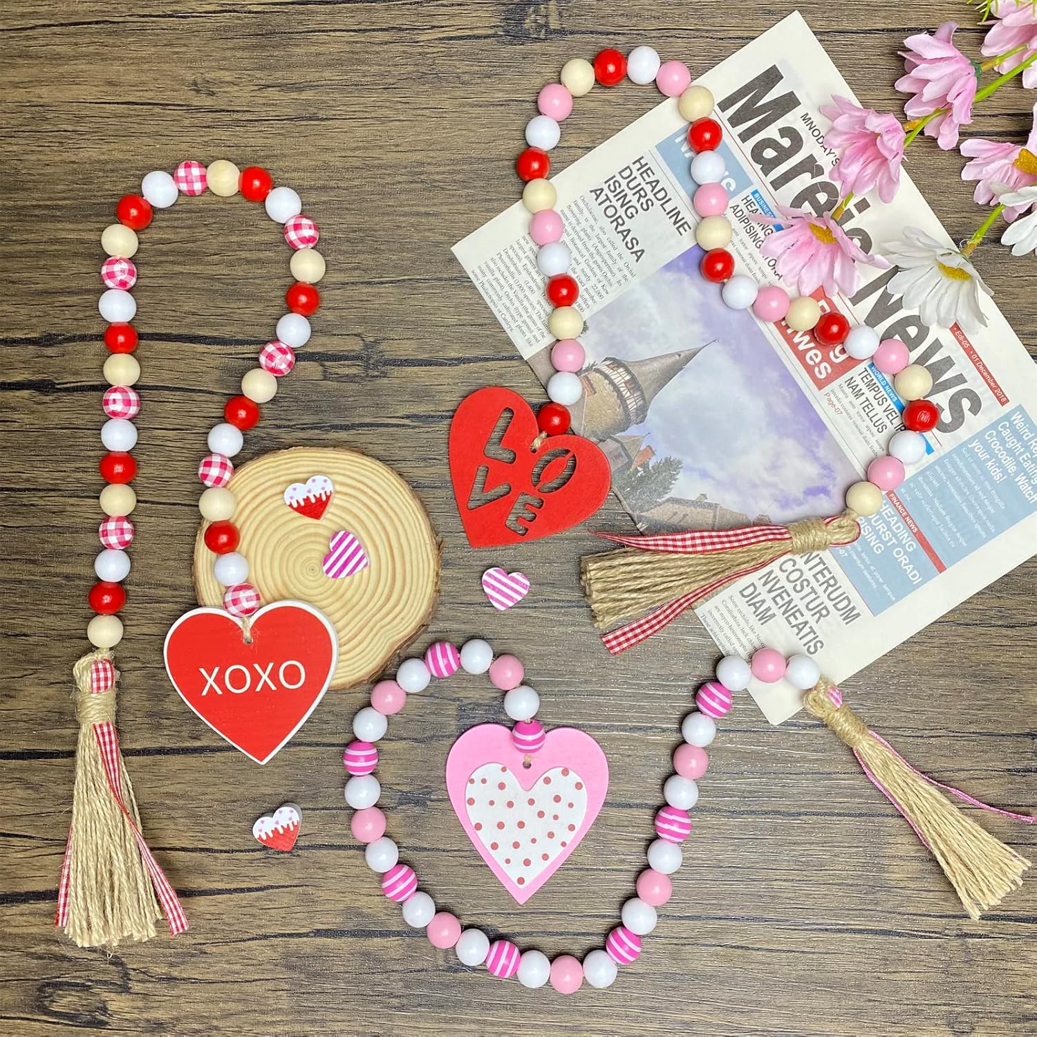 3 Pieces Valentine&#39;s Day Wood Bead Garlands with Tassels, Valentine&#39;s Day Decorations for Home, Rustic Farmhouse Country Plaid Buffalo Sweet Love Heart Tag Wooden Beads Garland for Tiered Tray Decor