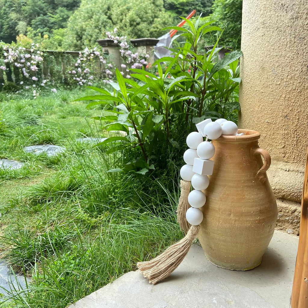 OMISHE White Extra Large Wood Bead Garland with 1.6&#34; Diameter Wooden Beads and Tassels, 41.5&#34; Long Rustic Farmhouse Country Boho Decorative Beads for Home Decor Tiered Tray Decor