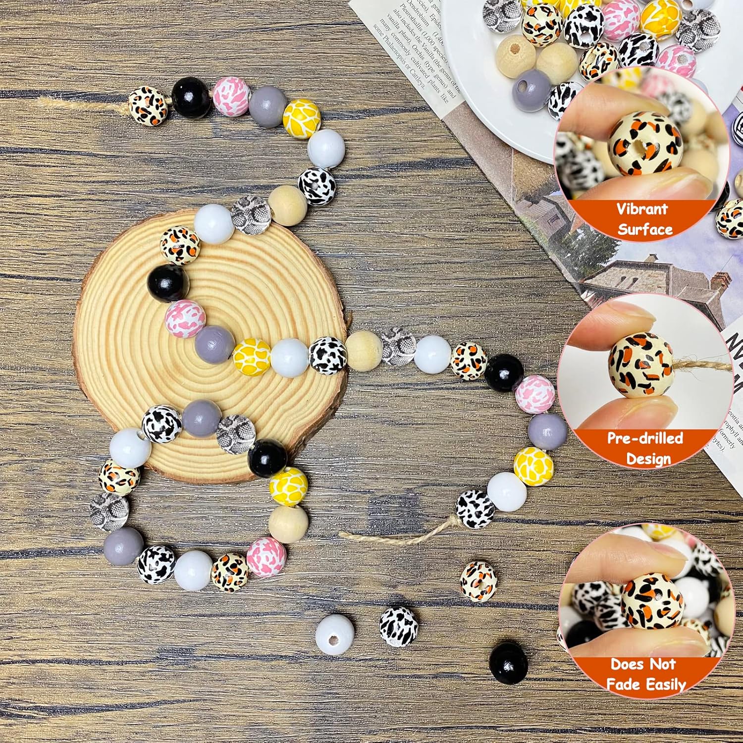 240 Pieces Cow Leopard Giraffe Snake Wood Beads Set 16mm Pink Black White Orange Beige Animal Print Round Loose Beads Crafting Beads for DIY Crafts Jewelry Making Garland Making